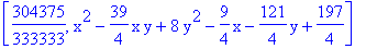 [304375/333333, x^2-39/4*x*y+8*y^2-9/4*x-121/4*y+197/4]